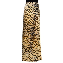 Pre Owned Roberto Cavalli Brown Animal Printed Silk Flared Maxi Skirt L