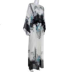 Pre Owned Roberto Cavalli Black & White Abstract Print Silk Maxi Dress M