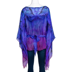 مملوكة مسبقًا Roberto Cavalli Purple Printed Silk Belted Sheer Kaftan Top M