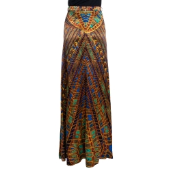 Pre Owned Roberto Cavalli Multicolor Egyptian Print Silk Satin Maxi Skirt L