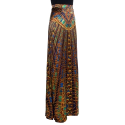 Pre Owned Roberto Cavalli Multicolor Egyptian Print Silk Satin Maxi Skirt L