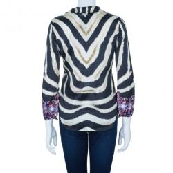 Pre Owned قميص روبرتو كافالي مجوهرات نقوش جلد حمار وحشي أزرار أمامية حرير S