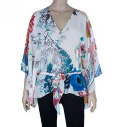 مملوكة مسبقًا Roberto Cavalli Silk Floral Belted Kaftan Top M