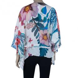 مملوكة مسبقًا Roberto Cavalli Silk Floral Belted Kaftan Top M