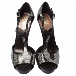 Pre Owned صندل روبرتو كافالي نعل سميك سير كاحل ترتر فضي ميتاليك مقاس 38