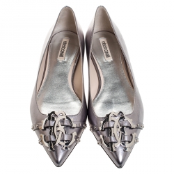 Pre Owned Roberto Cavalli Silver Leather Studded Logo Buckle Detail Ballet Flats Size 38