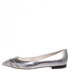 Pre Owned Roberto Cavalli Silver Leather Studded Logo Buckle Detail Ballet Flats Size 38