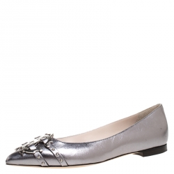 Pre Owned Roberto Cavalli Silver Leather Studded Logo Buckle Detail Ballet Flats Size 38