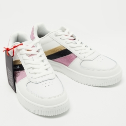 Pre Owned Roberto Cavalli White Glitter and Leather Python Embossed Panelled Low Top Sneakers Size 40