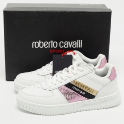 Pre Owned Roberto Cavalli White Glitter and Leather Python Embossed Panelled Low Top Sneakers Size 40