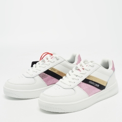 Pre Owned Roberto Cavalli White Glitter and Leather Python Embossed Panelled Low Top Sneakers Size 40