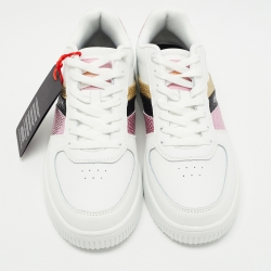 Pre Owned Roberto Cavalli White Glitter and Leather Python Embossed Panelled Low Top Sneakers Size 40