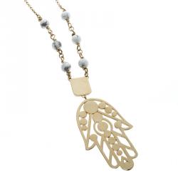 Pre Owned Roberto Cavalli White Beaded Gold Tone Hamsa Pendant Necklace