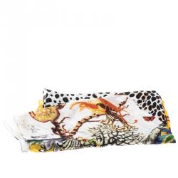 Pre Owned Roberto Cavalli Multicolour Birds and Butterfly Print Satin Scarf