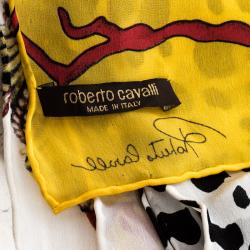 Pre Owned Roberto Cavalli Multicolour Birds and Butterfly Print Satin Scarf