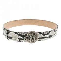 مملوكة مسبقًا Roberto Cavalli Grey/Black Snakeskin Logo Buckle Belt 85CM