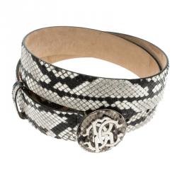 مملوكة مسبقًا Roberto Cavalli Grey/Black Snakeskin Logo Buckle Belt 85CM