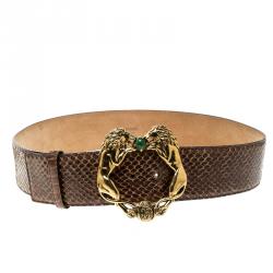 Pre Owned Roberto Cavalli Brown Python Lion Buckle Belt 90cm