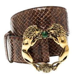 Pre Owned Roberto Cavalli Brown Python Lion Buckle Belt 90cm