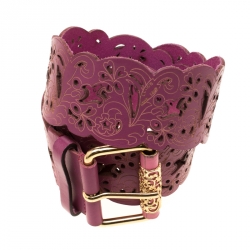 Pre Owned Roberto Cavalli Fuchsia Leather Flower Cutout Belt Size 105cm