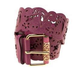Pre Owned Roberto Cavalli Fuchsia Leather Flower Cutout Belt Size 105cm