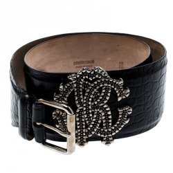 Pre Owned حزام روبرتو كافالي جلد نقشة الثعبان أسود 90 سم