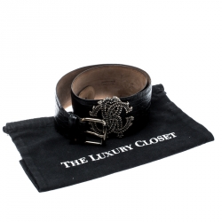 Pre Owned حزام روبرتو كافالي جلد نقشة الثعبان أسود 90 سم