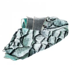 Pre Owned Roberto Cavalli Blue Feather Printed Silk Lurex Edged Scarf