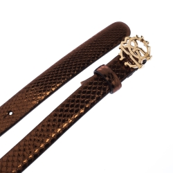 Pre Owned Roberto Cavalli Bronze Metallic Leather RC Buckle Belt 85CM