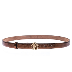 Pre Owned Roberto Cavalli Bronze Metallic Leather RC Buckle Belt 85CM