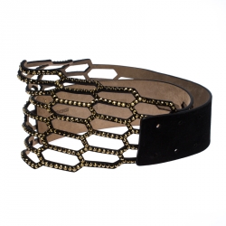 Pre Owned Roberto Cavalli Black Laser Cut Embellished Suede Waist Belt 80CM