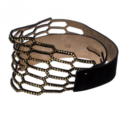 Pre Owned Roberto Cavalli Black Laser Cut Embellished Suede Waist Belt 80CM