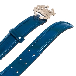 Pre Owned Roberto Cavalli Blue Patent Leather Logo Buckle Belt 95CM