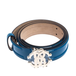 Pre Owned Roberto Cavalli Blue Patent Leather Logo Buckle Belt 95CM