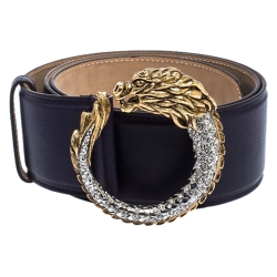 Pre Owned Roberto Cavalli Navy Blue Leather Dragon Buckle Belt 95CM