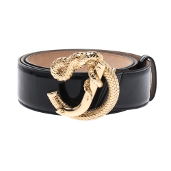Pre Owned Roberto Cavalli Black Patent Leather Snake Buckle Belt 95CM
