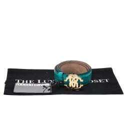 Pre Owned حزام روبرتو كافالي إبزيم شعار الماركة جلد تمساح بارز فيروزي 95 سم