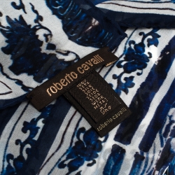 Pre Owned Roberto Cavalli Blue & White Tile Printed Silk Stole