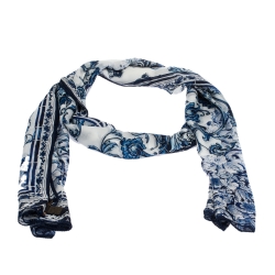 Pre Owned Roberto Cavalli Blue & White Tile Printed Silk Stole