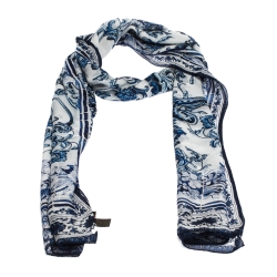 Pre Owned Roberto Cavalli Blue & White Tile Printed Silk Stole