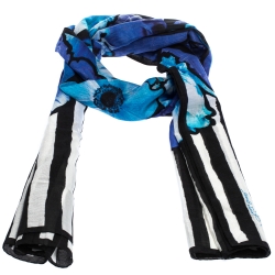 Pre Owned Roberto Cavalli Black & Blue Striped Floral Print Silk Blend Stole