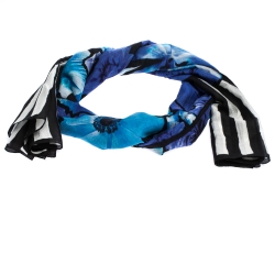 Pre Owned Roberto Cavalli Black & Blue Striped Floral Print Silk Blend Stole