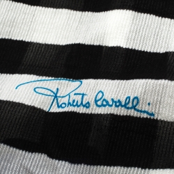 Pre Owned Roberto Cavalli Black & Blue Striped Floral Print Silk Blend Stole