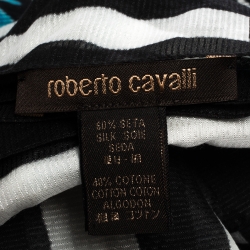 Pre Owned Roberto Cavalli Black & Blue Striped Floral Print Silk Blend Stole