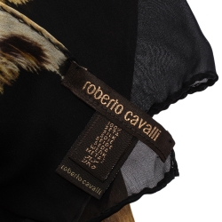Pre Owned Roberto Cavalli Black & Brown Leopard Printed Silk Scarf