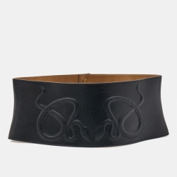 Pre Owned Roberto Cavalli Black Snake Embossed Leather Wide Waist Belt 70CM