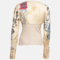Pre Owned Roberto Cavalli Beige Printed Silk and Knit Blouse M