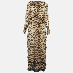 Pre Owned Roberto Cavalli Brown Leopard Print Silk Ruffled Maxi Dress M
