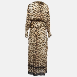 Pre Owned Roberto Cavalli Brown Leopard Print Silk Ruffled Maxi Dress M