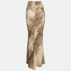Pre Owned Roberto Cavalli Vintage Brown Printed Silk Maxi Skirt M